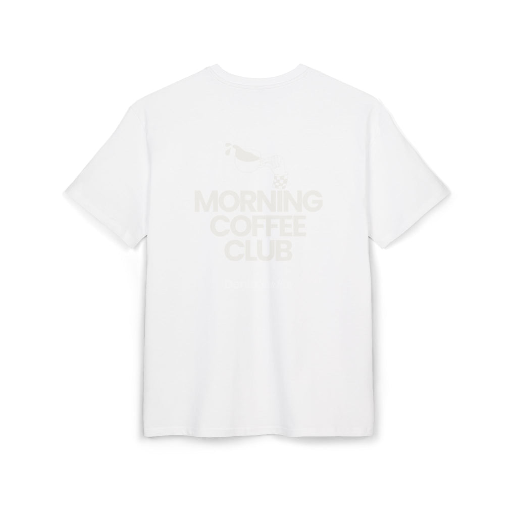 Morning Coffee Club Oversized Tee — Minimal White T-Shirt for Coffee Lovers
