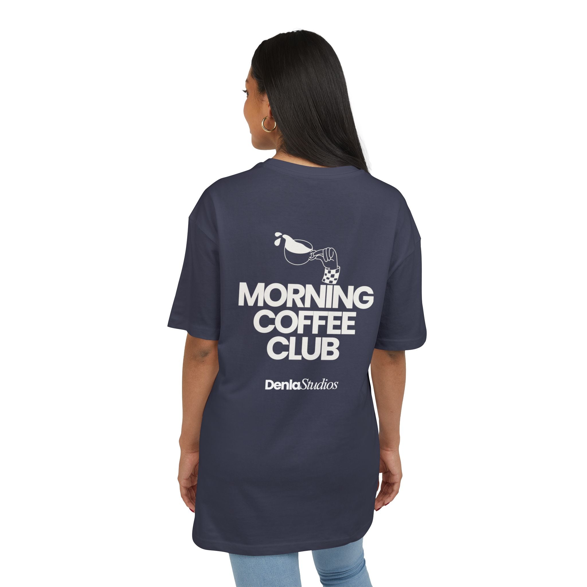Morning Coffee Club Oversized Tee — Minimal White T-Shirt for Coffee Lovers
