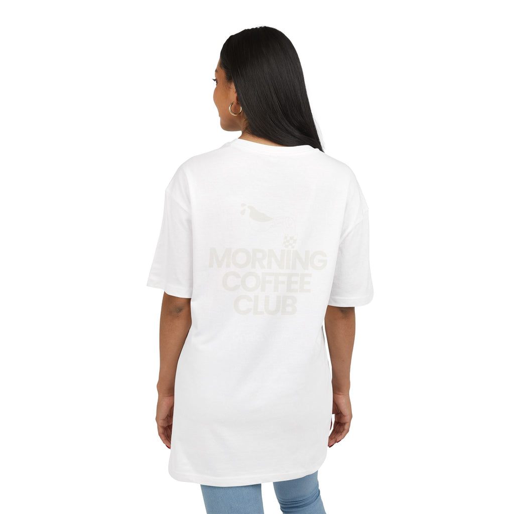 Morning Coffee Club Oversized Tee — Minimal White T-Shirt for Coffee Lovers