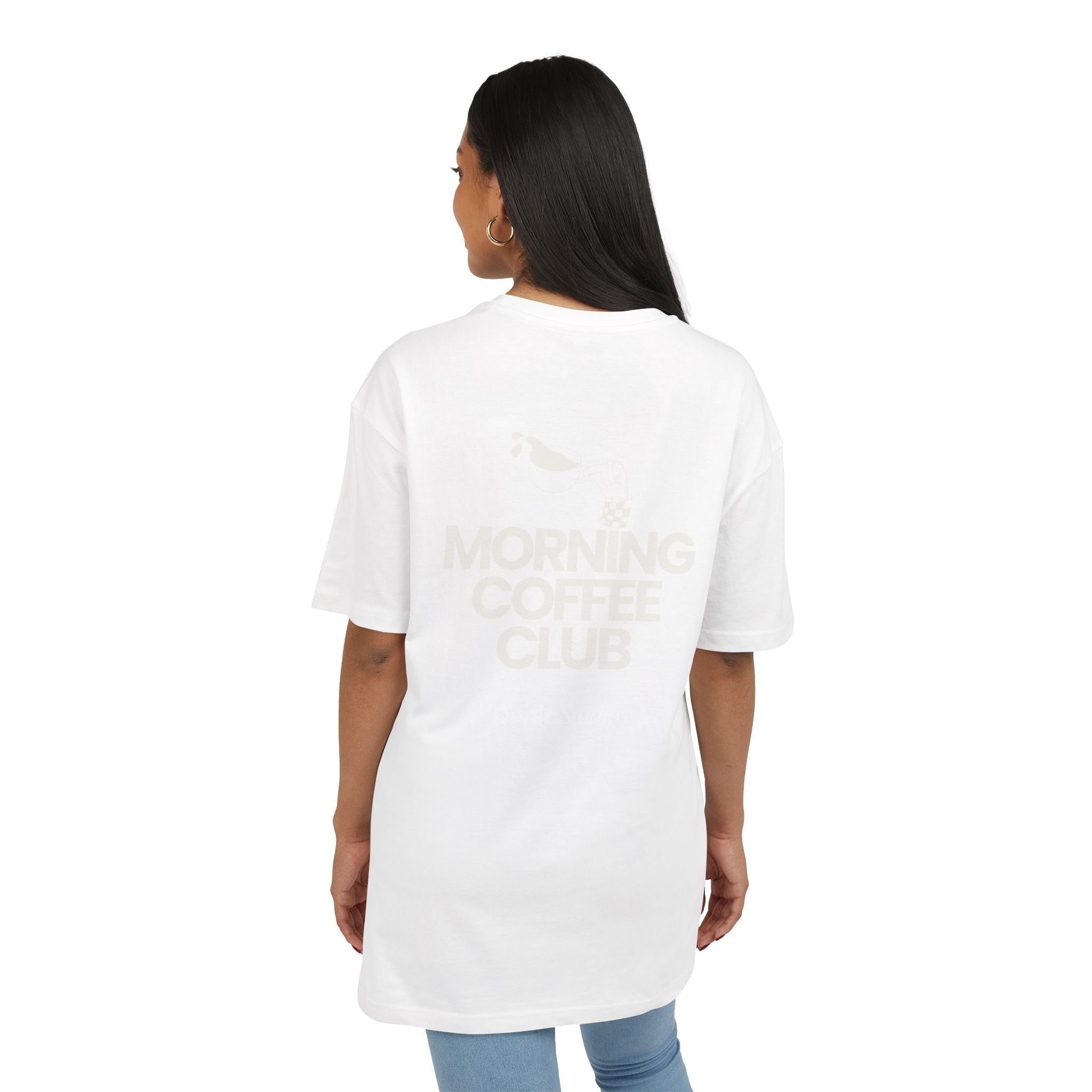 Morning Coffee Club Oversized Tee — Minimal White T-Shirt for Coffee Lovers
